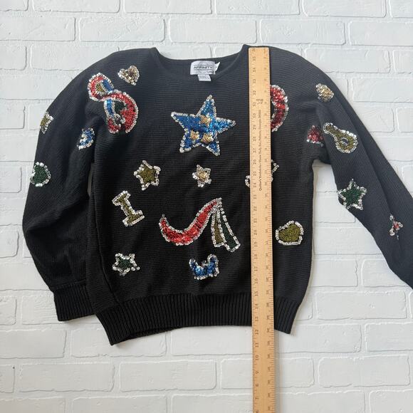 Affinity by Margo's Women's Black Sequin Vintage Holiday Sweater Star Moon sz M - Picture 6 of 6